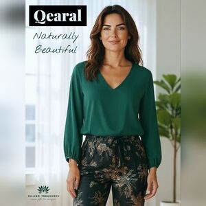 NWT Quearal Lush Green V-Neck Long Sleeve Blouse Sz XXL Women Top W/Inner Lining